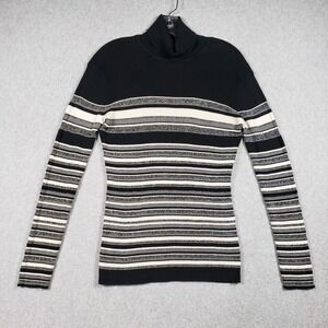 New York & Company Womens Black Metallic Striped Turtleneck Sweater M Chic Edgy